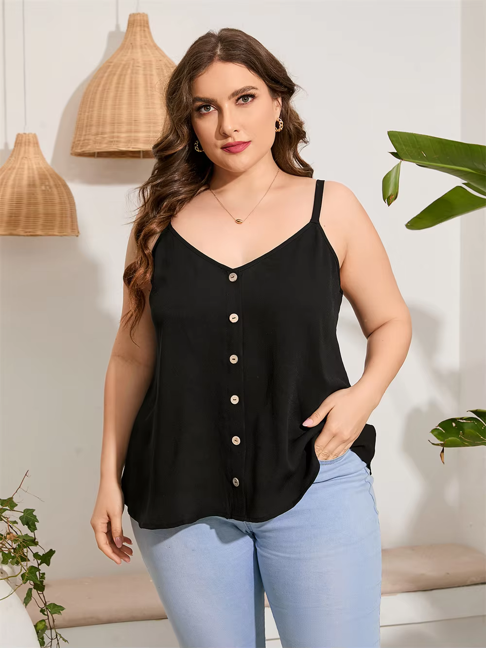 Plus Size Button Front Cami Top with V-Neck and Sleeveless Design