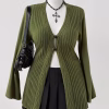 Plus Size V-Neck Cardigan, Slim Fit Bell Sleeve Button Front