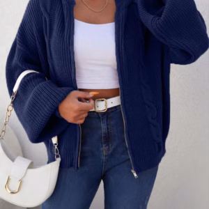 Plus Size Hooded Cardigan with Cable Knit Texture, Loose Fit and Long Sleeves