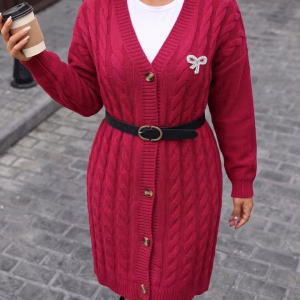 Plus Size Long Knit Cardigan Coat, Loose V-Neck Single Breasted