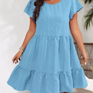 Plus Size Casual Mini Dress – Round Neck Butterfly Sleeve A-Line Dress