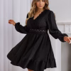 Plus Size Black Lace Casual Dress – V-Neck Lantern Sleeve Mini Dress