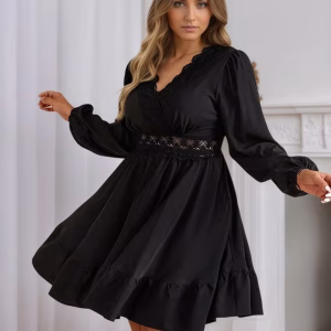 Plus Size Black Lace Casual Dress – V-Neck Lantern Sleeve Mini Dress