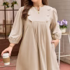 Plus Size Puff Sleeve Casual Dress – Notch Neck Pleated Front Mini Dress