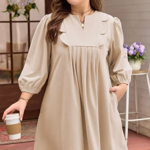 Plus Size Puff Sleeve Casual Dress – Notch Neck Pleated Front Mini Dress