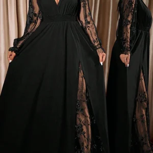Plus Size Sheer Sleeve Evening Dress – V-Neck Long Dress