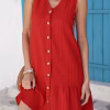 Plus Size Button-Front Casual Dress – V-Neck Sleeveless Ruffle Hem Mini Dress