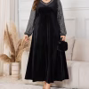 Plus Size Sequin Velvet Evening Dress – Black V-Neck Maxi Dress