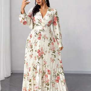 Plus Size Floral Pleated Dress with V-Neck, Long Sleeves and Empire Waist
