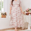 Plus Size Floral Puff Sleeve Dress with V-Neck, Empire Waist and Button Detail