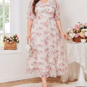 Plus Size Floral Puff Sleeve Dress with V-Neck, Empire Waist and Button Detail