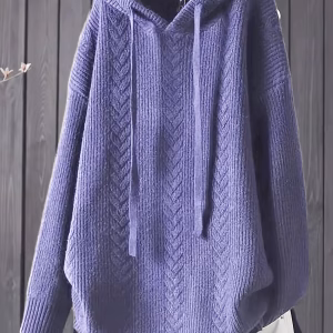 Plus Size Hooded Cable Knit Sweater, Long Loose Fit Pullover