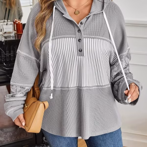 Plus Size Waffle Knit Hoodie with Striped Pattern and Drop-Shoulder Sleeves