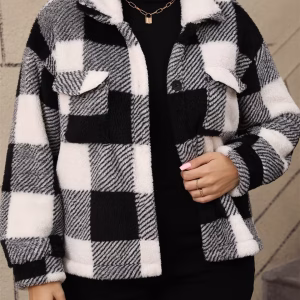 Plus Size Casual Plaid Jacket, Short Single-Breasted Lapel Outerwear