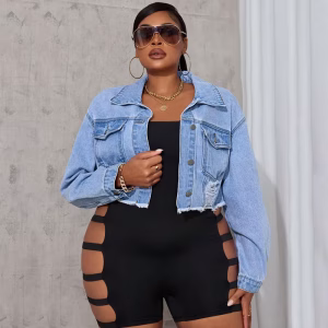 Plus Size Casual Short Denim Jacket, Single-Breasted Turn-Down Collar