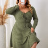 Plus Size Square Neck Knit Dress with Knot Front, A-Line Knee-Length