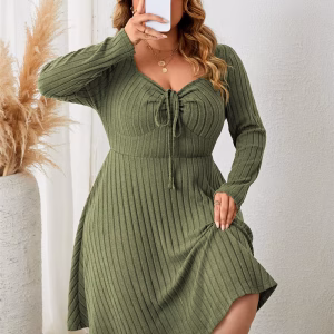Plus Size Square Neck Knit Dress with Knot Front, A-Line Knee-Length