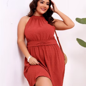 Plus Size Halter Mini Dress – Sleeveless Empire Waist A-Line Dress