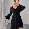 Plus Size Casual Mini Dress – Black V-Neck Knot Front A-Line Dress
