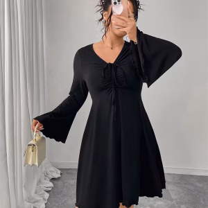 Plus Size Casual Mini Dress – Black V-Neck Knot Front A-Line Dress