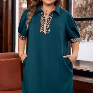 Plus Size Leopard Print Mini Dress with Puff Sleeves, Collar and Pockets