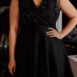 Plus Size Sequin Party Dress – V-Neck A-Line Mini Dress with Shoulder Bow