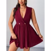 Plus Size Sexy Pleated Party Dress – Sleeveless Notched Neck Mini Dress