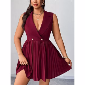 Plus Size Sexy Pleated Party Dress – Sleeveless Notched Neck Mini Dress