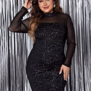Plus Size Glitter Party Dress – Bodycon Mini Dress with Mesh Sleeves