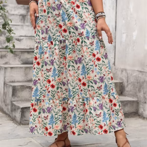 Plus Size Floral Maxi Skirt, Casual A-Line Elastic Waist
