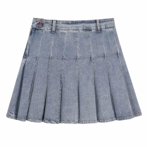 Plus Size Pleated Denim Mini Skirt with High Waist and Button Detail