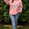 Plus Size Floral Patch Sweatshirt, Loose Crew Neck Side-Slit Pullover