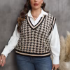 Plus Size Houndstooth Sweater Vest with V-Neck and Loose Fit