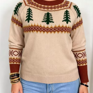 Plus Size Casual Christmas Knit Sweater, Loose Crew Neck Pullover