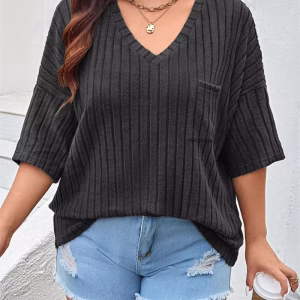 Plus Size Ribbed V-Neck Top with 3/4 Sleeves and Pocket